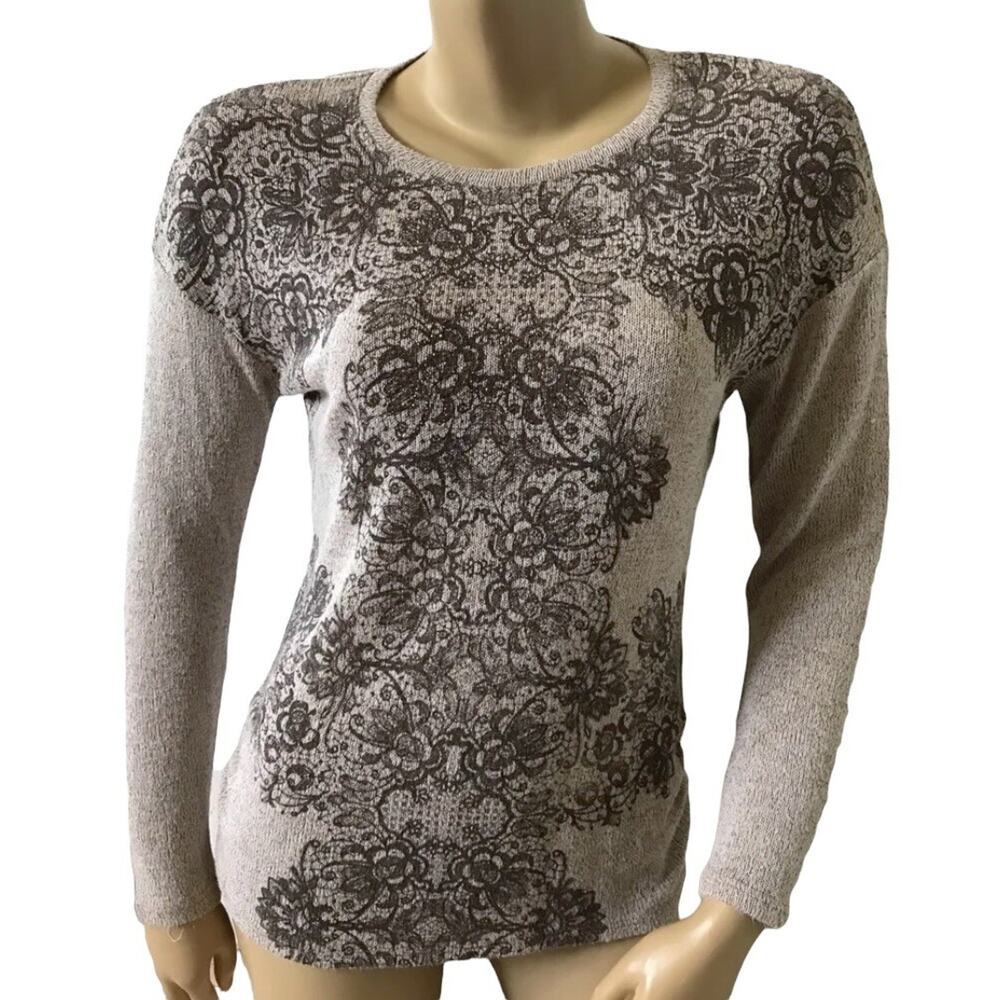 FRENCH BLUE Womens Petite Size PS Long Sleeve Embellished Bohemian Print Sweater